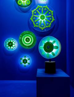 Contemporary Italian Round Green Blue Murano Glass Double Discs Totem Floor Lamp - 4136830