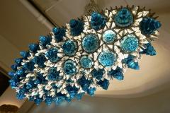 Contemporary Italian Turquoise Blue Clear Glass Oval Silver Flush Chandelier - 483176