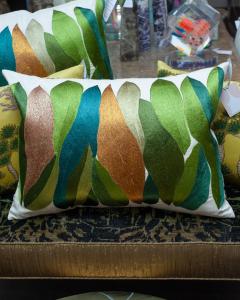Contemporary Large Embroidered Pillow with Green and Gold Leaves on Linen - 3317973