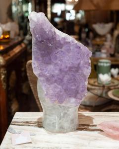 Contemporary Large Scale Carved Amethyst Madonna Specimen on Clear Quartz - 3076330