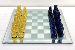 Contemporary Minimalist Blue Yellow Murano Glass Chess Set on Mirrored Board - 3106274
