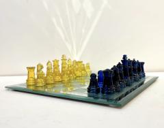 Contemporary Minimalist Blue Yellow Murano Glass Chess Set on Mirrored Board - 3106276