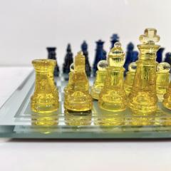 Contemporary Minimalist Blue Yellow Murano Glass Chess Set on Mirrored Board - 3106277