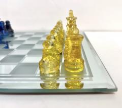 Contemporary Minimalist Blue Yellow Murano Glass Chess Set on Mirrored Board - 3106278