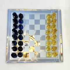 Contemporary Minimalist Blue Yellow Murano Glass Chess Set on Mirrored Board - 3106279