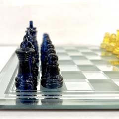 Contemporary Minimalist Blue Yellow Murano Glass Chess Set on Mirrored Board - 3106280
