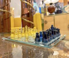 Contemporary Minimalist Blue Yellow Murano Glass Chess Set on Mirrored Board - 3106281