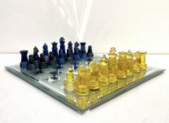 Contemporary Minimalist Blue Yellow Murano Glass Chess Set on Mirrored Board - 3106283