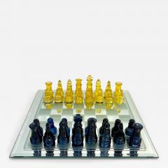 Contemporary Minimalist Blue Yellow Murano Glass Chess Set on Mirrored Board - 3110845