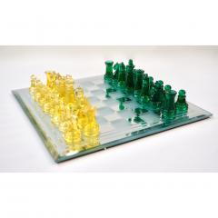 Contemporary Minimalist Green Yellow Murano Glass Chess Set on Mirrored Board - 2704029