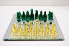 Contemporary Minimalist Green Yellow Murano Glass Chess Set on Mirrored Board - 2704039