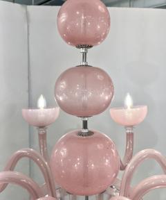 Contemporary Minimalist Italian 8 Arm Pink Murano Glass Modern Nickel Chandelier - 3734394