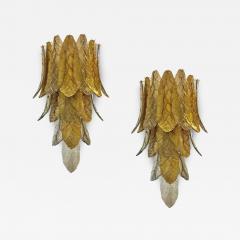 Contemporary Monumental Tall Cascading Smoked Gold Murano Glass Leaf Wall Lights - 3548720