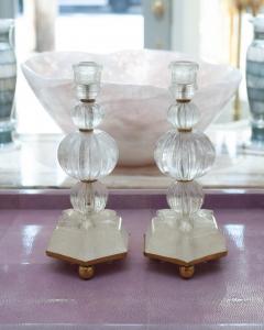 Contemporary Pair Clear Rock Crystal Quartz Candlesticks with Star Motif - 3308612