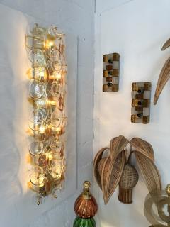 Contemporary Pair of Amber Pennellate Murano Glass and Brass Sconces Italy - 4328351