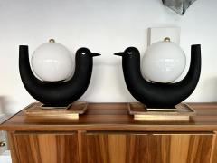 Contemporary Pair of Bird Lamps Opaline Murano Glass Brass and Wood Italy - 3463695