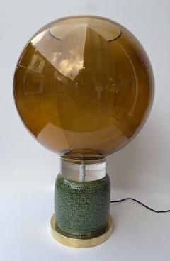 Contemporary Pair of Brass Ceramic Murano Glass Amber Ball Flame Lamps Italy - 4377946