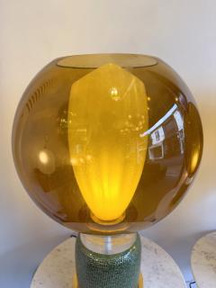Contemporary Pair of Brass Ceramic Murano Glass Amber Ball Flame Lamps Italy - 4377952