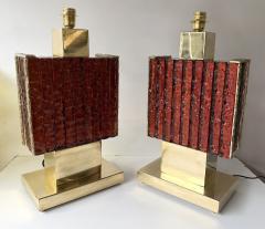 Contemporary Pair of Brass Fusion and Red Murano Glass Lamps Italy - 4500492