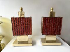 Contemporary Pair of Brass Fusion and Red Murano Glass Lamps Italy - 4500494