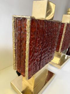 Contemporary Pair of Brass Fusion and Red Murano Glass Lamps Italy - 4500495