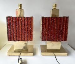 Contemporary Pair of Brass Fusion and Red Murano Glass Lamps Italy - 4500498