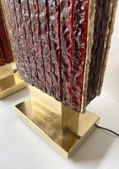 Contemporary Pair of Brass Fusion and Red Murano Glass Lamps Italy - 4500499