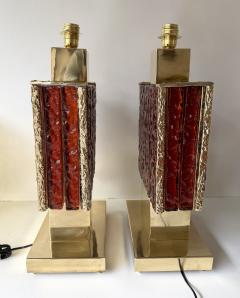 Contemporary Pair of Brass Fusion and Red Murano Glass Lamps Italy - 4500500