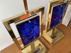 Contemporary Pair of Brass Lamps Blue Murano Glass Italy - 1725026