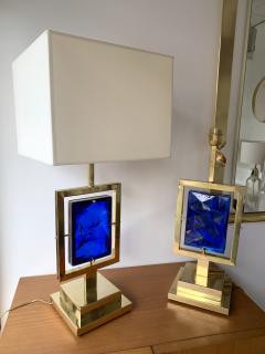 Contemporary Pair of Brass Lamps Blue Murano Glass Italy - 1725029