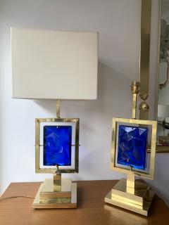Contemporary Pair of Brass Lamps Blue Murano Glass Italy - 1725040
