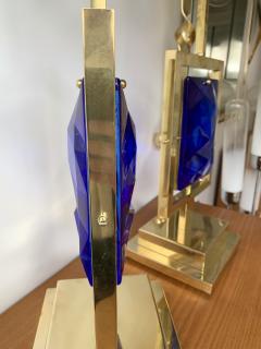 Contemporary Pair of Brass Lamps Blue Murano Glass Italy - 1725045