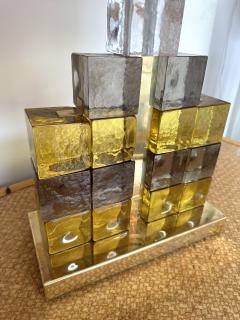 Contemporary Pair of Brass Lamps Cube Murano Glass Construction Italy - 2952054