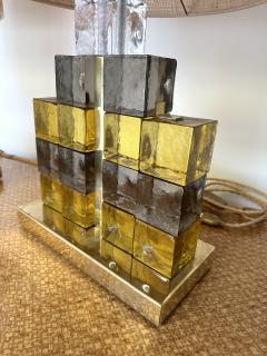 Contemporary Pair of Brass Lamps Cube Murano Glass Construction Italy - 2952055