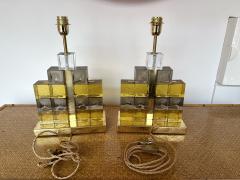 Contemporary Pair of Brass Lamps Cube Murano Glass Construction Italy - 2952060