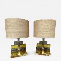 Contemporary Pair of Brass Lamps Cube Murano Glass Construction Italy - 2953617