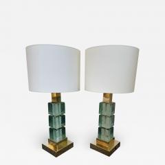 Contemporary Pair of Brass Murano Glass Cube Column Lamps Italy - 2522380