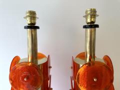 Contemporary Pair of Brass Murano Glass Orange Disc Lamps Italy - 3842518