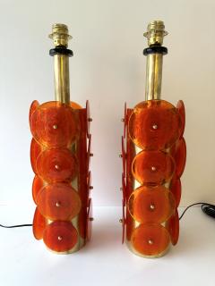 Contemporary Pair of Brass Murano Glass Orange Disc Lamps Italy - 3842520