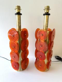 Contemporary Pair of Brass Murano Glass Orange Disc Lamps Italy - 3842521