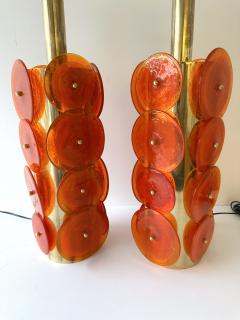 Contemporary Pair of Brass Murano Glass Orange Disc Lamps Italy - 3842523