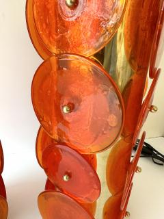 Contemporary Pair of Brass Murano Glass Orange Disc Lamps Italy - 3842524