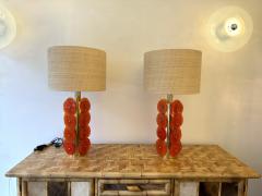 Contemporary Pair of Brass Murano Glass Orange Disc Lamps Italy - 3842525