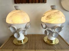 Contemporary Pair of Brass Murano Glass and Ceramic Mushroom Lamps Italy - 3278409