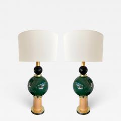 Contemporary Pair of Brass Murano Glass and Wood Lamps Italy - 2642535