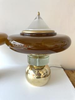 Contemporary Pair of Brass Mushroom Amber Murano Glass Lamps Italy - 3842485