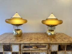 Contemporary Pair of Brass Mushroom Amber Murano Glass Lamps Italy - 3842493