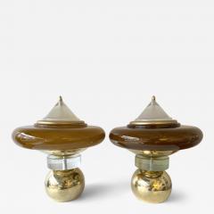 Contemporary Pair of Brass Mushroom Amber Murano Glass Lamps Italy - 3845559