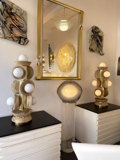 Contemporary Pair of Brass Opaline Murano Glass and Wood Lamps Italy - 2722051