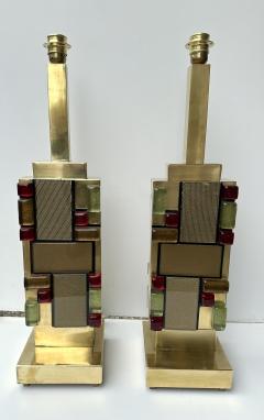 Contemporary Pair of Brass Textured and Cabochon Murano Glass Lamps Italy - 3683634